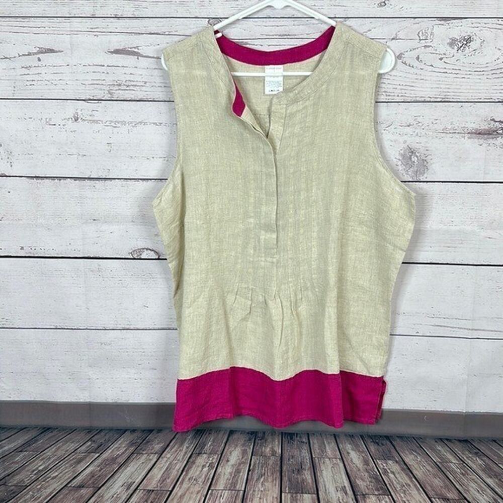 Lands End Tank Top Womens 16 Beige Pink Linen Beach Coastal Boxy Breathable